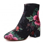 Black Suede Flower Vintage Retro High Heels Ankle Boots Shoes